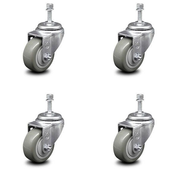 3.5 Inch Gray Polyurethane Wheel Swivel 3/8 Inch Threaded Stem Caster Set SCC